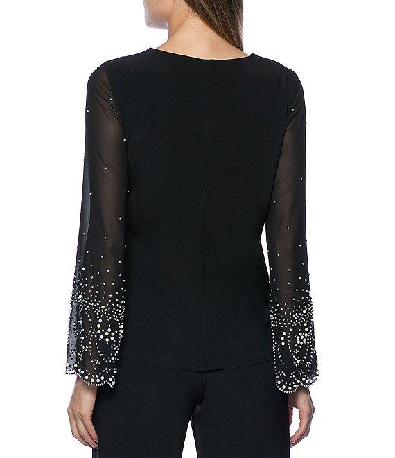 Marina Keyhole Rhinestone Neck Beaded Bell Long Sleeve Matte Jersey 2-Piece Pant Set Product Image