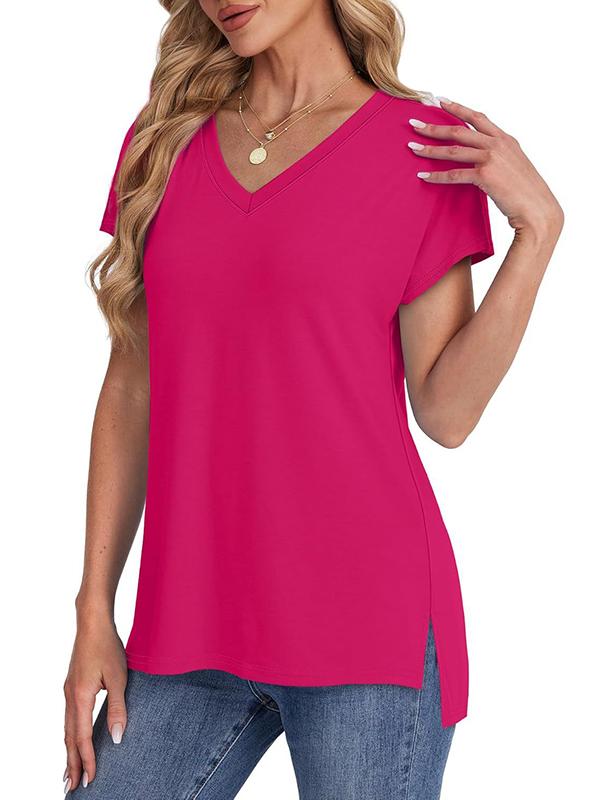 High-Low Raglan Sleeve Solid Color Split-Joint Split-Side V-Neck T-Shirts Product Image