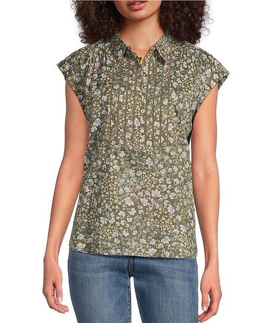 Lucky Brand Floral Point Collar Cap Sleeve Blouse Product Image