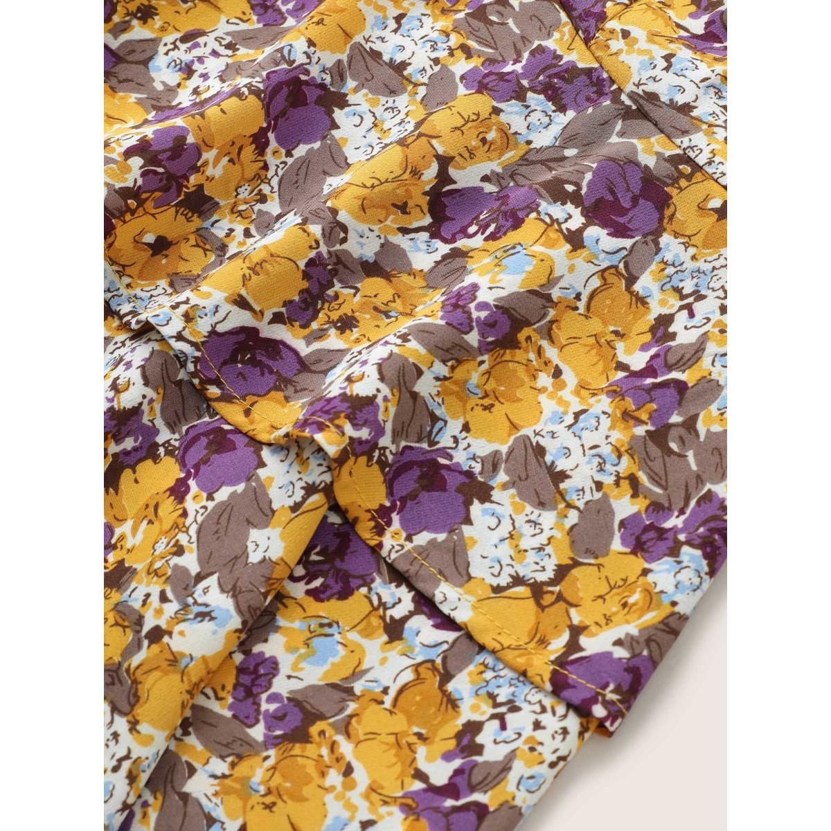 Plus Size Apricot Floral Allover Print Ruffles Tiered Hem Blouse Women Elegant Elbow-length sleeve Notched collar Everyday Blouses BloomChic 18-20/2X Product Image