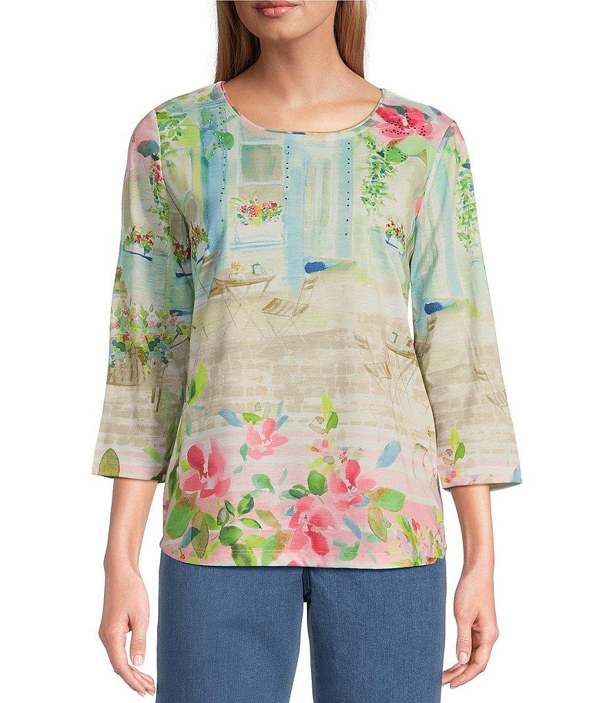 Allison Daley Petite Size Town Country Border Print 3/4 Sleeve Crew Neck Knit Top Product Image