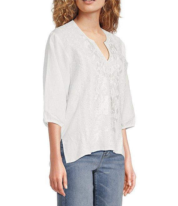 JOHNNY WAS Camille Embriordered Linen Split V-Neck 3/4 Puff Sleeve Blouse Product Image