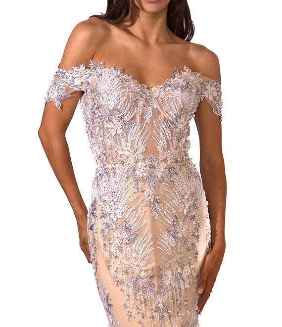 Terani Couture Embroidered Sequin Off-The-Shoulder Neck Short Sleeve Gown Product Image