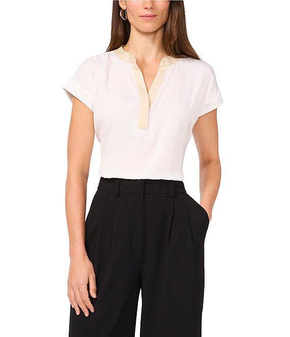 Vince Camuto Contrast Trim V-Neck Short Sleeve Blouse Product Image