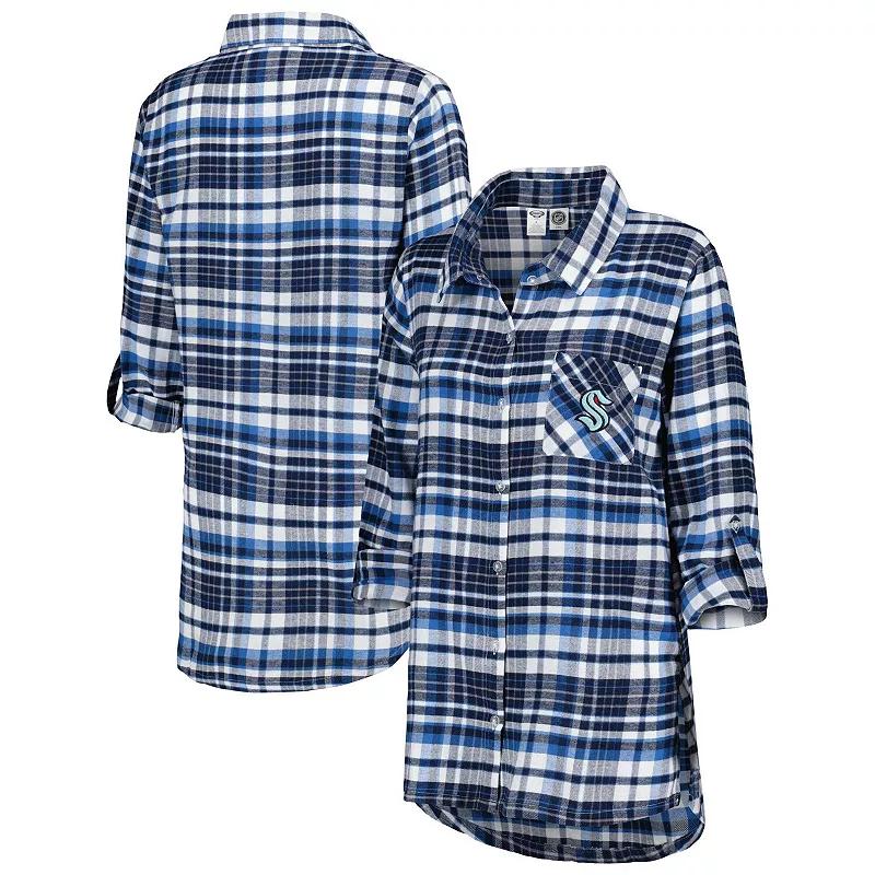 Women's Concepts Sport Deep Sea Blue Seattle Kraken Mainstay Flannel Full-Button Long Sleeve Nightshirt,  Product Image