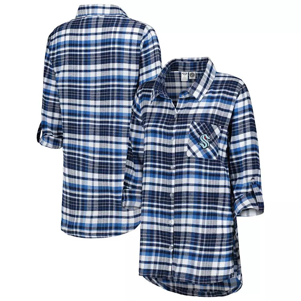 Women's Concepts Sport Deep Sea Blue Seattle Kraken Mainstay Flannel Full-Button Long Sleeve Nightshirt,  Product Image