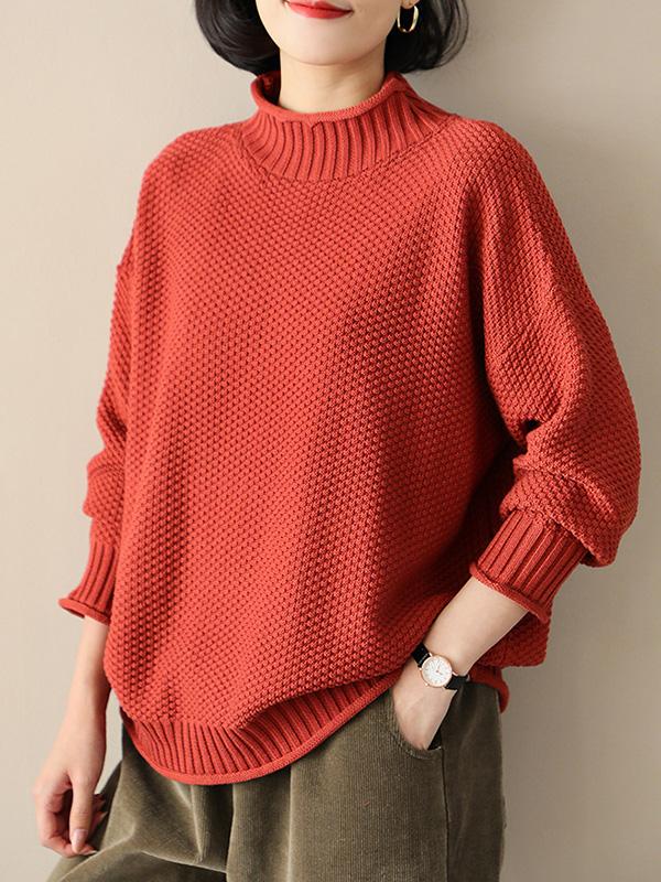 Casual Loose Long Sleeves Solid Color High-Neck Sweater Tops Product Image
