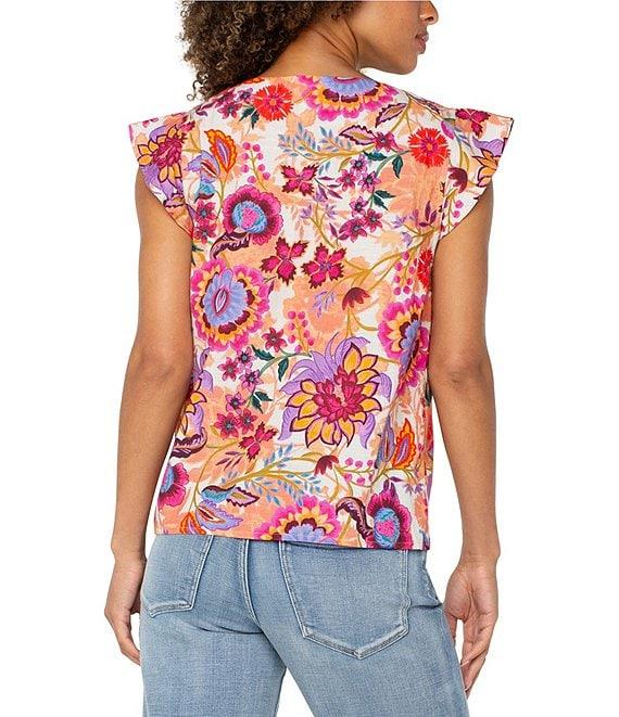 Liverpool Los Angeles Floral Print V-Neck Flutter Sleeve Shirt Product Image