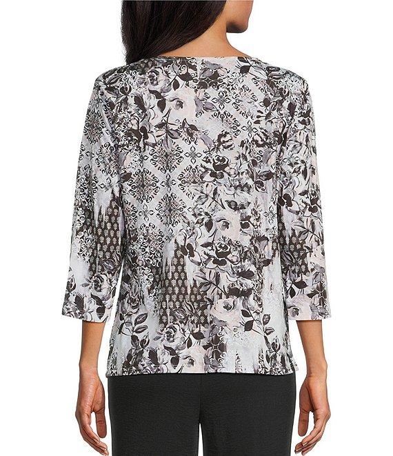 Allison Daley Foulard Floral Print Embellished 3/4 Sleeve V-Neck Knit Top Product Image