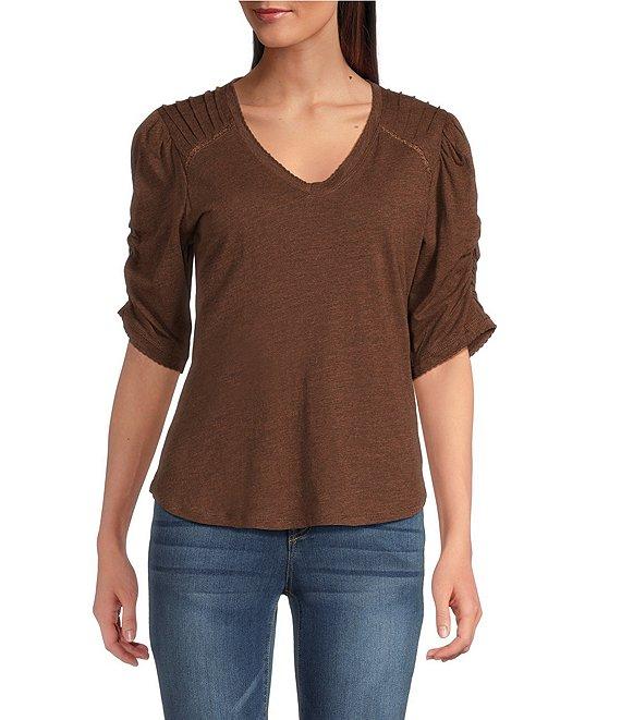 Democracy Knit Scallop V-Neck Elbow Ruched Sleeve Crochet Detail Top Product Image