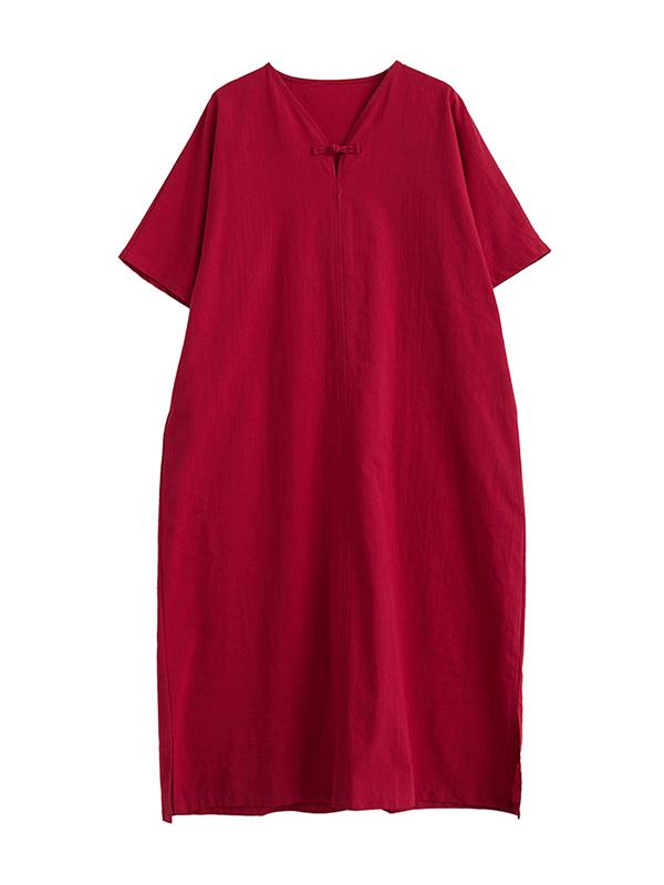 A-Line Loose Chinese Frog Buttons Pockets Solid Color Split-Side V-Neck Midi Dresses Product Image