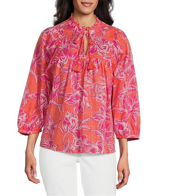 Tommy Bahama Paradiso Petals Cotton Poplin Plainweave Ruffle Neck 3/4 Sleeve Tassel Tie Top Product Image
