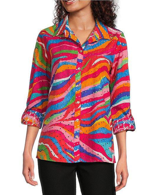 John Mark Petite Size Allover Eyelet Embroidered Watercolor Print Point Collar Long Roll-Tab Sleeve Button Front Blouse Product Image