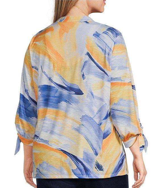 Allison Daley Plus Size 3/4 Tie Sleeve Y-Neck Button Front Knit Top Product Image