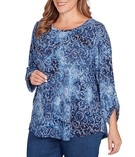 Ruby Rd. Plus Size Textured Knit Tie-Dye Scroll Floral Burnout Boat Neck 3/4 Roll-Tab Sleeve Top Product Image