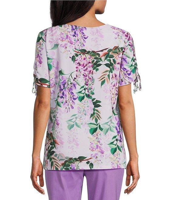 Allison Daley Embellished Floral Print Short Ruched Tie Sleeve Square Neck Knit Top Product Image