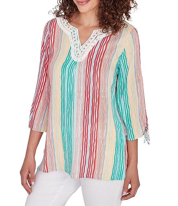 Ruby Rd. Woven Metallic Wavy Stripe Embroidered Split V-Neck 3/4 Sleeve Top Product Image