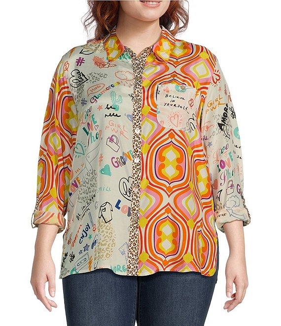 John Mark Plus Size Woven Novelty Mix Print Point Collar Long Roll-Tab Sleeve Button Front Tunic Product Image