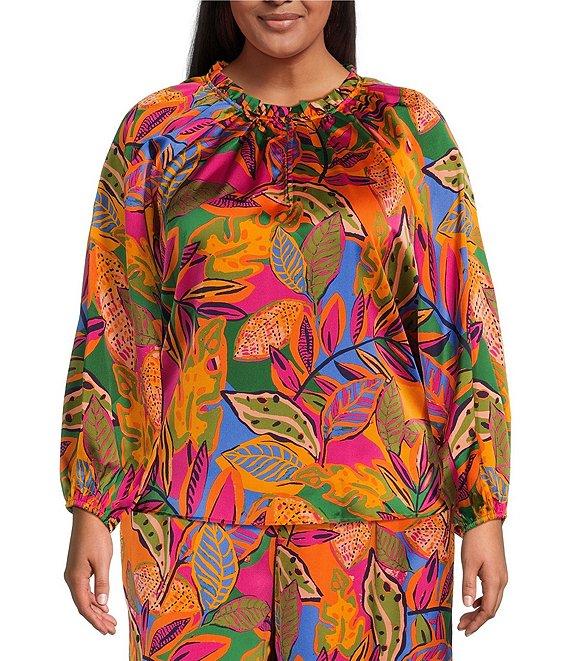 Sugarlips Plus Size Ruffled Split Neckline Balloon Long Sleeve Tropical Printed Coordinating Blouse Product Image