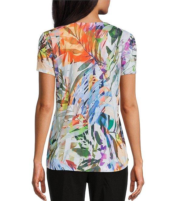 Allison Daley Petite Size Tropical Melange Print Short Sleeve Crew Neck Knit Top Product Image
