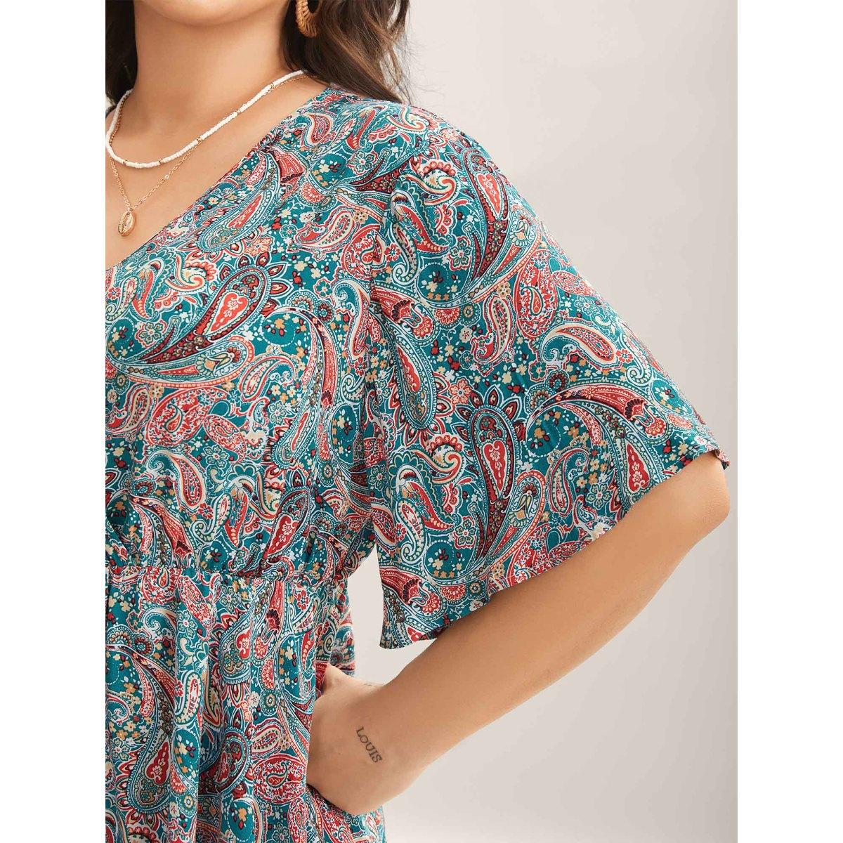 Plus Size DarkGreen Paisley Print V-Neck Flared Sleeve Blouse Women Boho Half Sleeve V-neck Vacation Blouses BloomChic 12/L Product Image