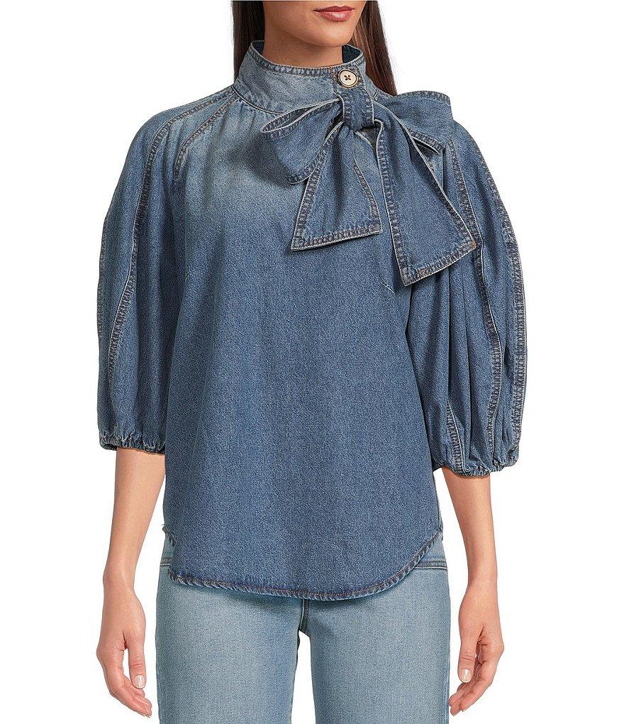 A Loves A Denim 3/4 Puffed Sleeve Pleated Shoulder Tie Neck Denim Top Product Image