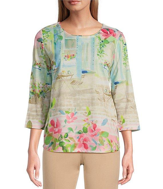 Allison Daley Petite Size Town Country Border Print 3/4 Sleeve Crew Neck Knit Top Product Image