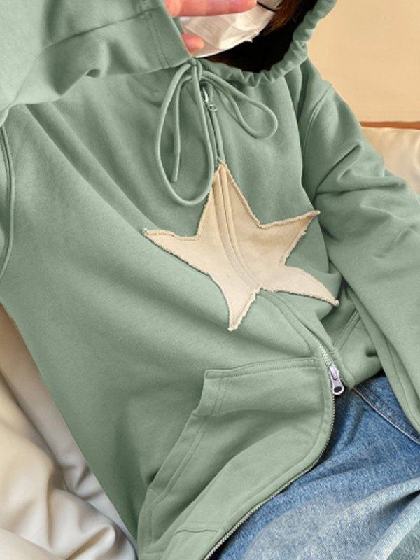 Vintage Star Patch Baggy Zip Up Hoodie Product Image