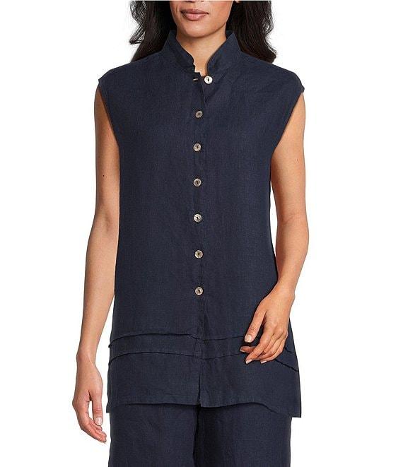 Bryn Walker Pintuck Light Linen Mandarin Collar Sleeveless Button Front Tunic Product Image