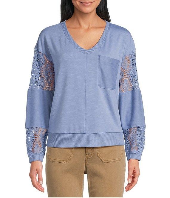 Nurture Petite French Terry Lace & Rib V-Neck Drop Shoulder Front Pocket Knit Pullover Product Image