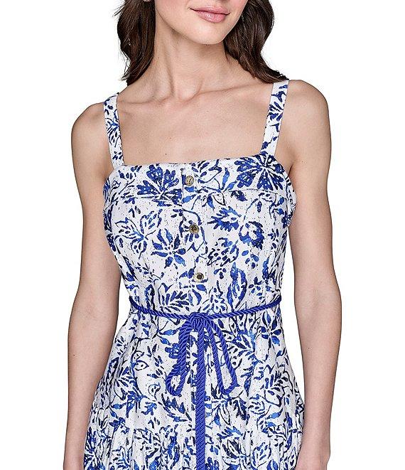 KARL LAGERFELD PARIS Floral Printed Square Neck Sleeveless A-Line Midi Dress Product Image