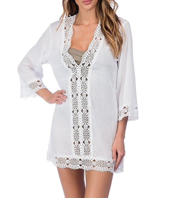La Blanca Island Fare V-Neck Crinkle Crochet Trim Swim Cover Up Tunic Product Image