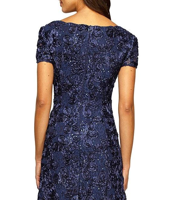 Alex Evenings Sequin Floral Lace Ribbon Rosette Round Neck Short Sleeve Gown Product Image