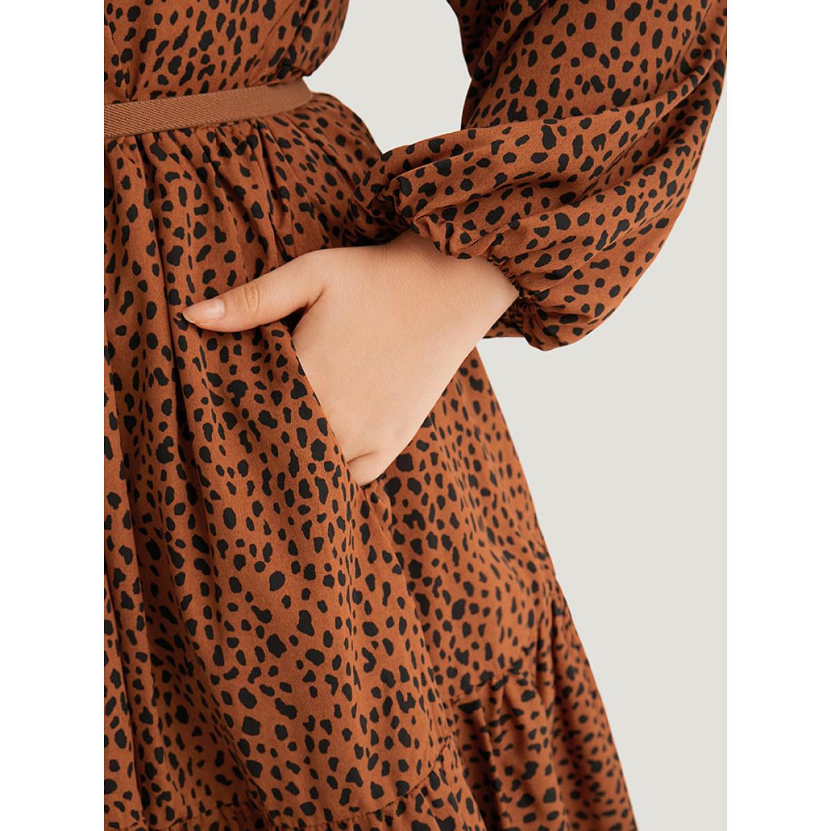 Plus Size Leopard Lantern Sleeve V Neck Pocket Dress Chocolate Women Elegant Elastic cuffs V-neck Long Sleeve Curvy Midi Dress BloomChic 26/4X Product Image