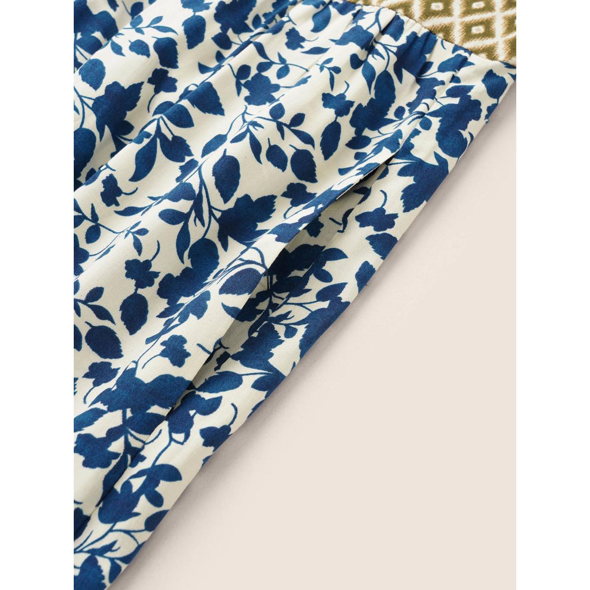 Plus Size Boho Print Patchwork Adjustable Straps Cami Dress DarkBlue Women Resort Non Spaghetti Strap Sleeveless Curvy Midi Dress BloomChic 30/6X Product Image