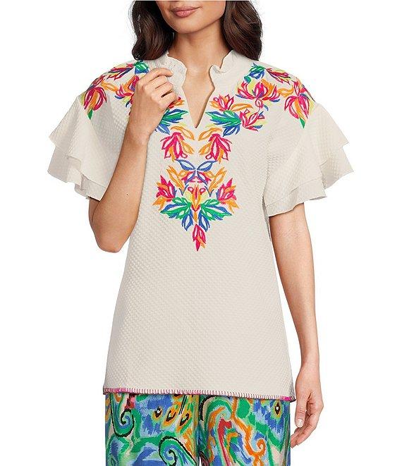 Calessa Petite Size Embroidered Ruffle Double Layer Short Sleeve Top Product Image