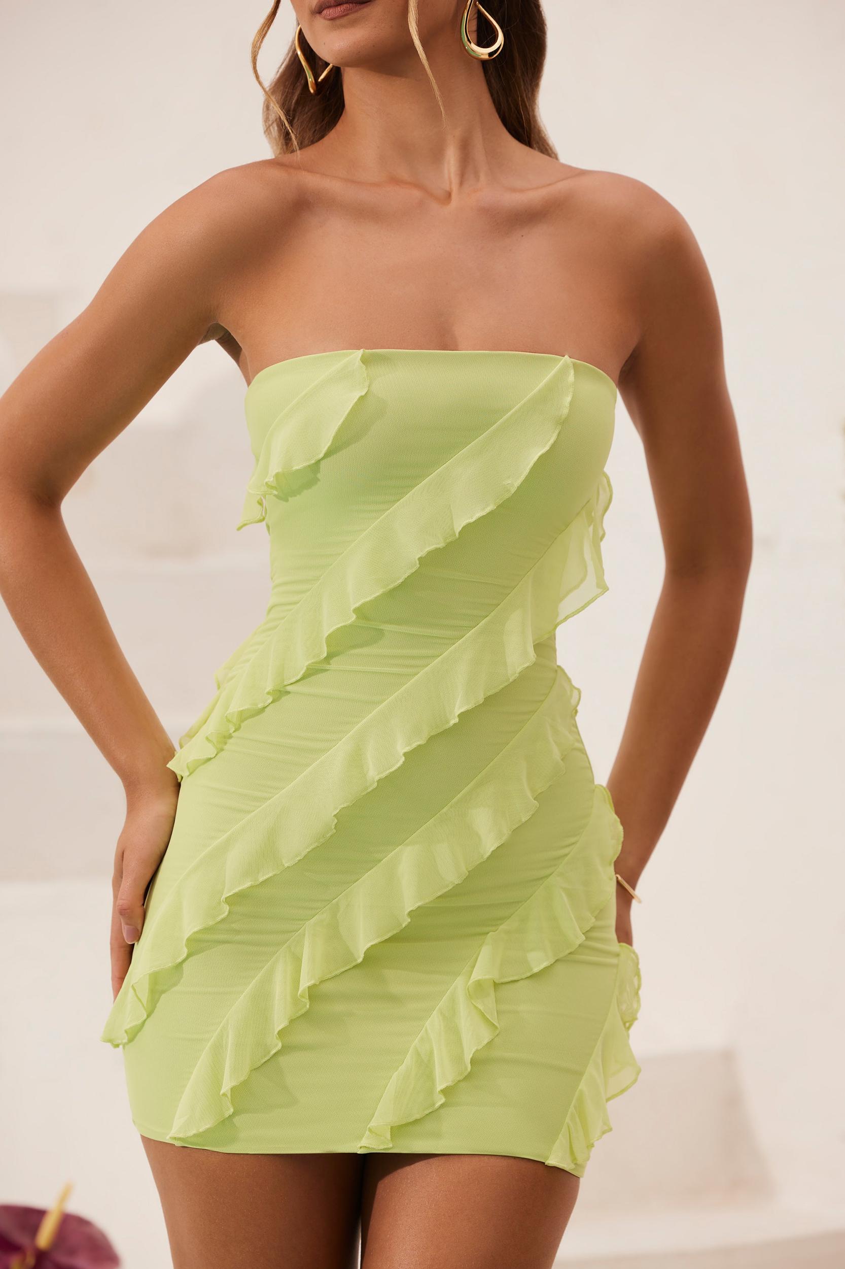 Bandeau Ruffle Detail Mini Dress in Lime Green Product Image