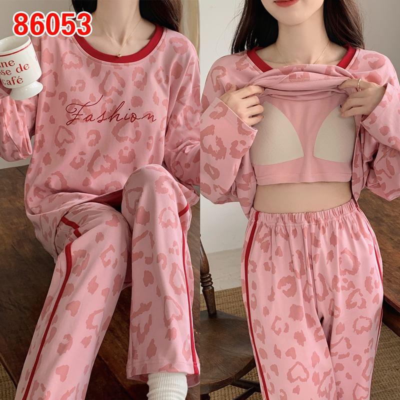 Pajama Set: Long-Sleeve Crew Neck Leopard Print Padded T-Shirt + Pants Product Image