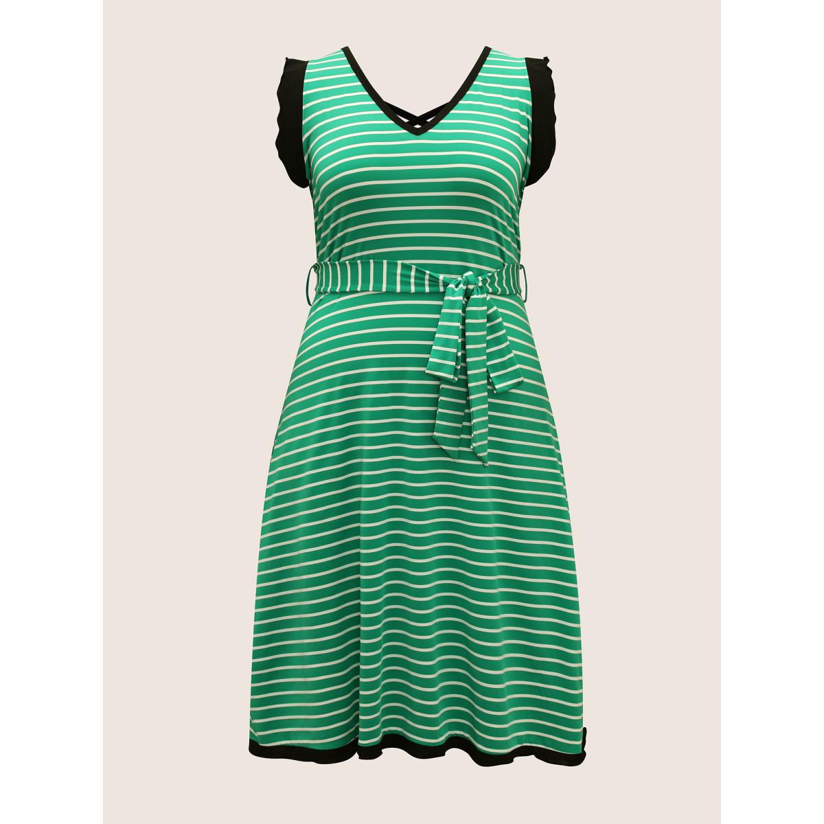 Plus Size Striped Contrast Trim Belted Tank Dress Malachitegreen Women Casual Belted V-neck Sleeveless Curvy BloomChic 10/M Product Image