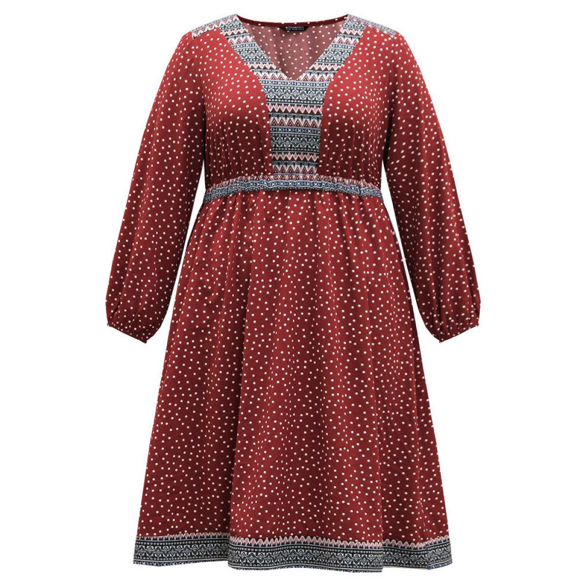 Plus Size Boho Print Lantern Sleeve Elastic Waist Dress Raspberry Women Vacation Elastic cuffs V-neck Long Sleeve Curvy Midi Dress BloomChic 12/L Product Image