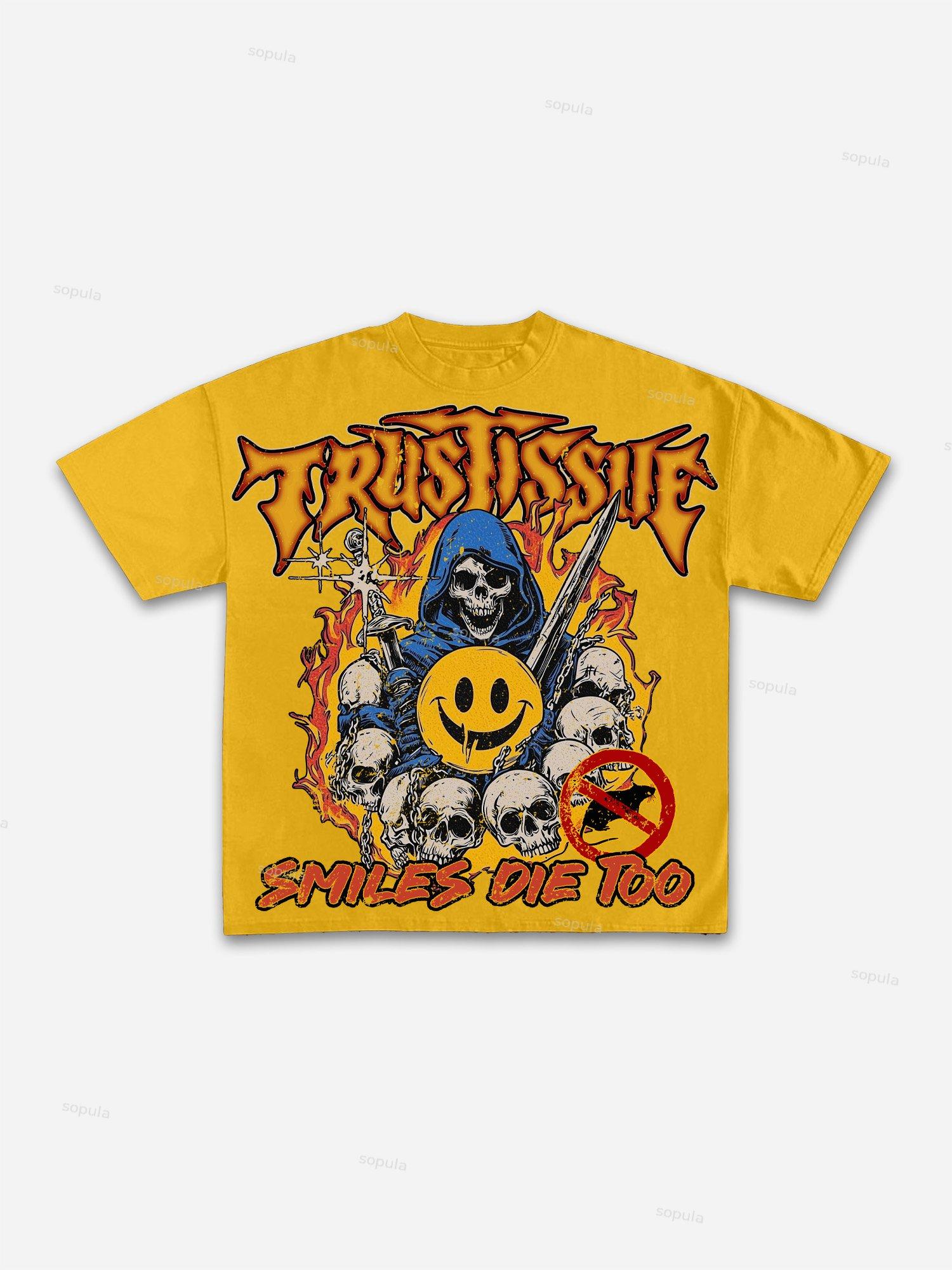 Dystopian Street Smiles Die Too Graphics Cotton T-shirt Product Image