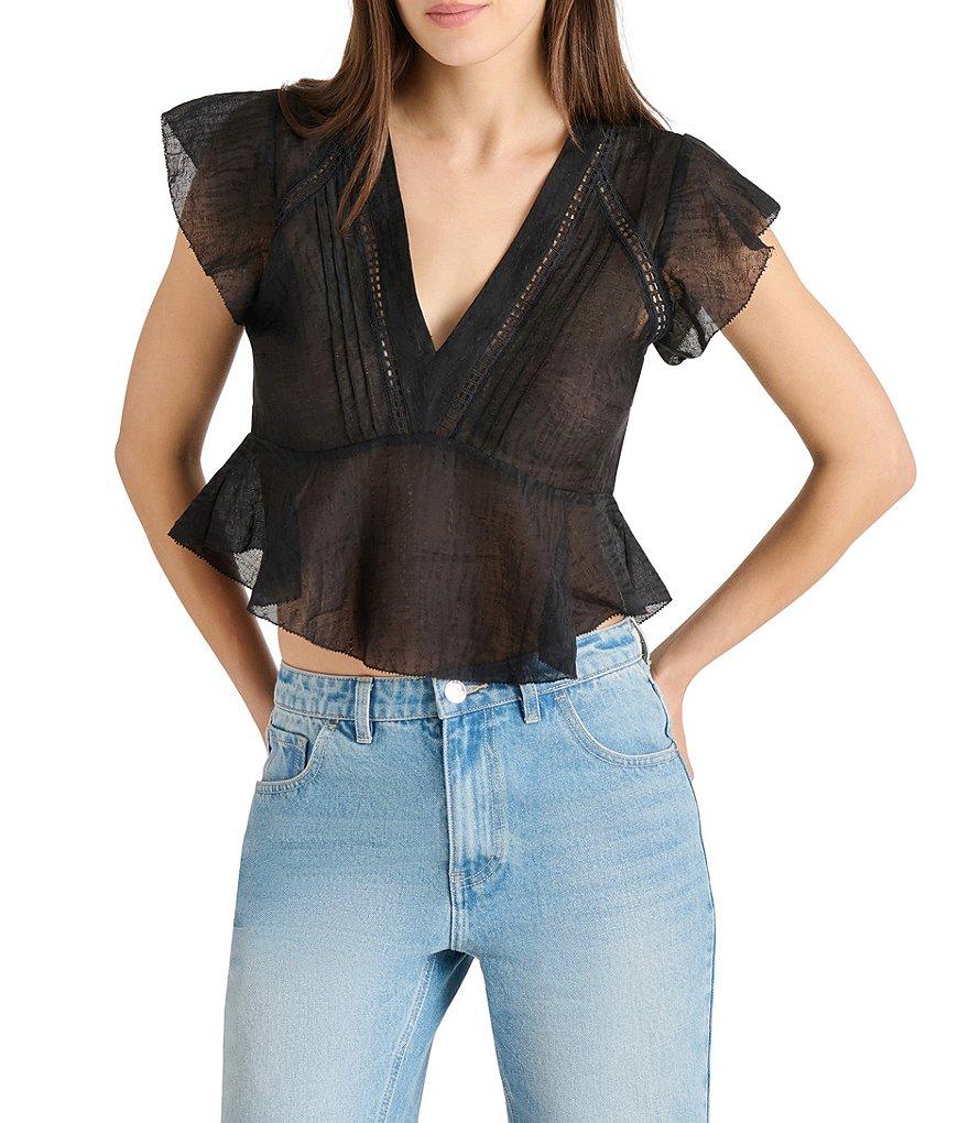 Steve Madden Leyla V Neck Short Flutter Sleeve Jacquard Peplum Top Product Image