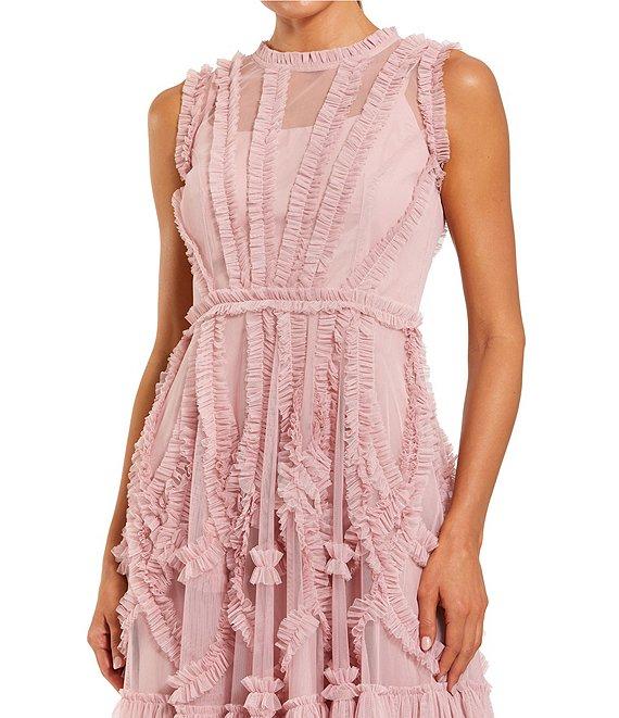 Mac Duggal Illusion Mock Neck Sleeveless Mesh Micro Ruffle Mini Dress Product Image