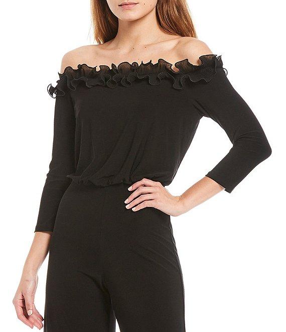Adrianna Papell Ruffle Off-the-Shoulder 3/4 Sleeve Jersey Jumpsuit Product Image