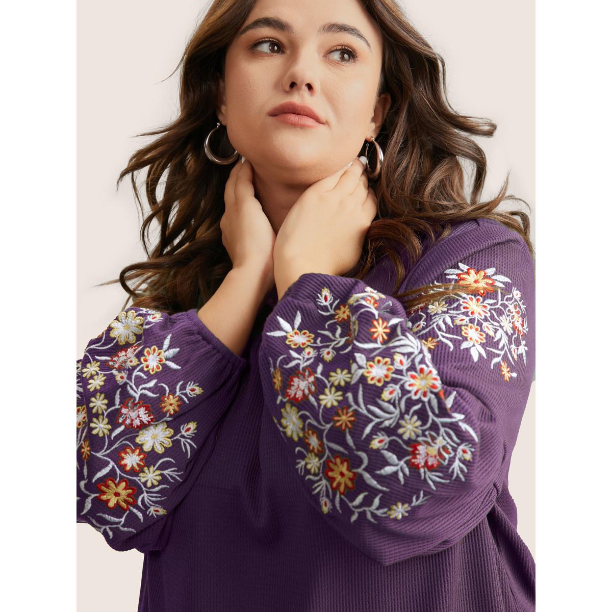 Plus Size Waffle Knit Floral Embroidered Lantern Sleeve T-shirt Mauve Women Elegant Texture Floral Round Neck Everyday T-shirts BloomChic 12/L Product Image