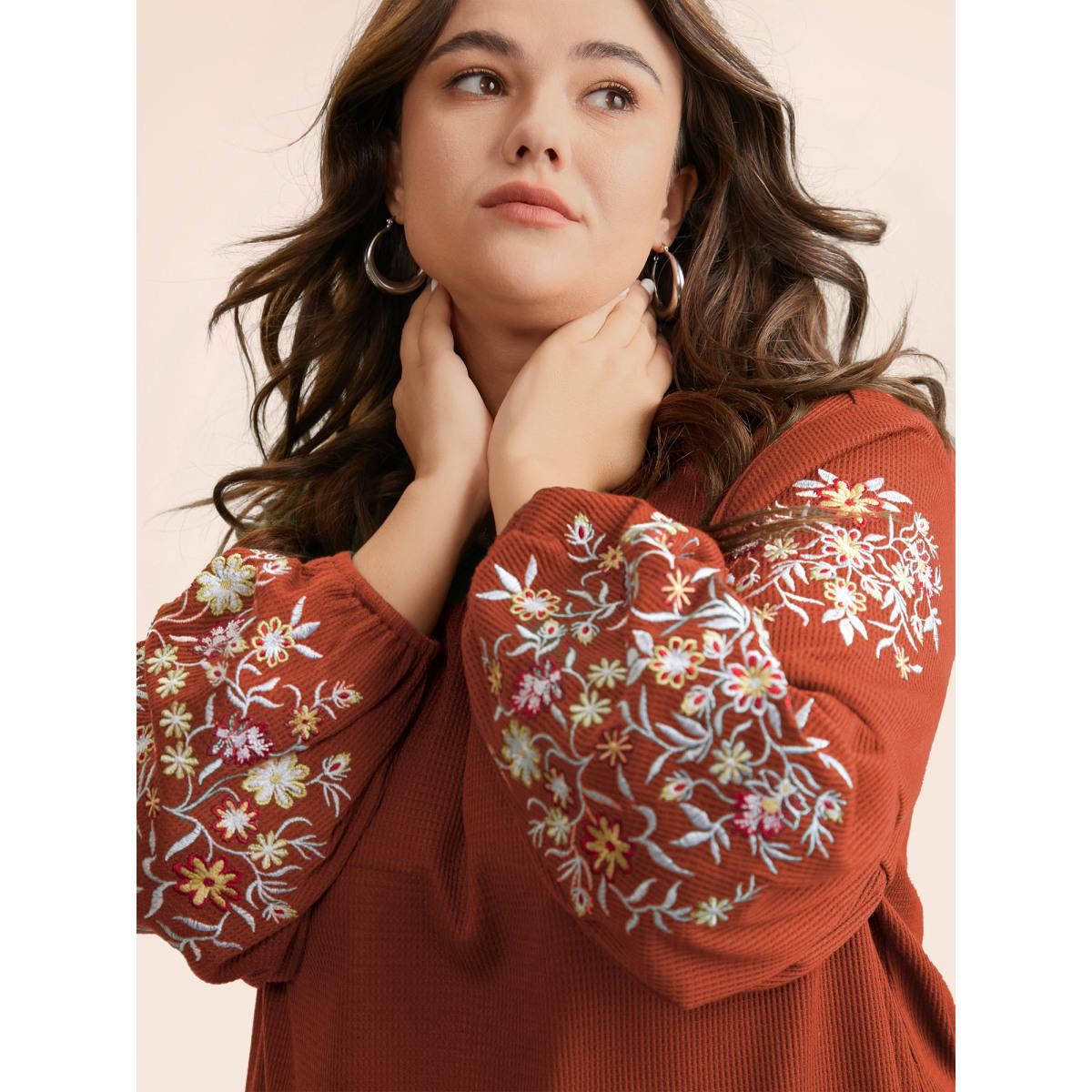 Plus Size Waffle Knit Floral Embroidered Lantern Sleeve T-shirt Rust Women Leisure Texture Floral Round Neck Casual T-shirts BloomChic 18-20/2X Product Image