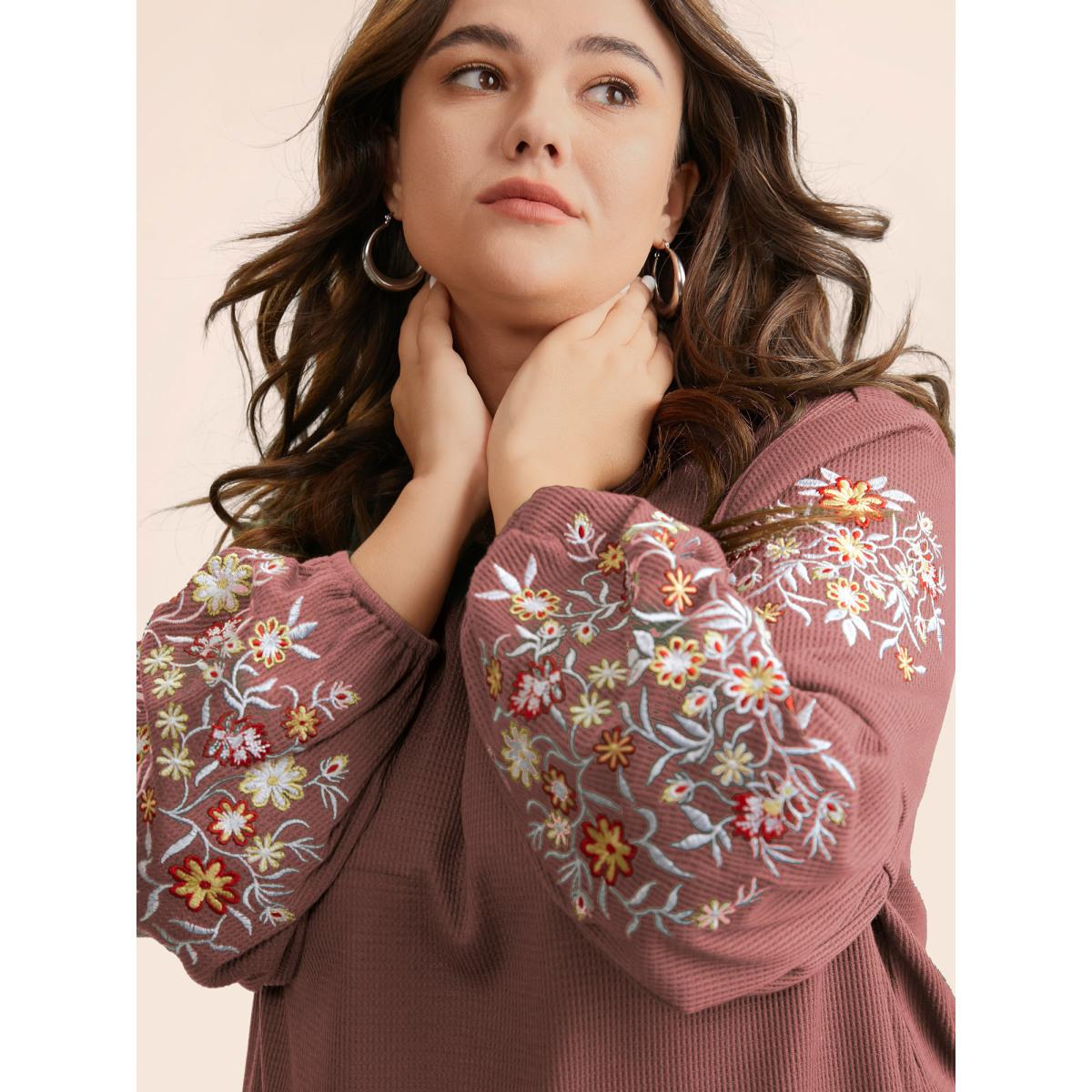 Plus Size Waffle Knit Floral Embroidered Lantern Sleeve T-shirt DustyPink Women Elegant Texture Floral Round Neck Everyday T-shirts BloomChic 26/4X Product Image