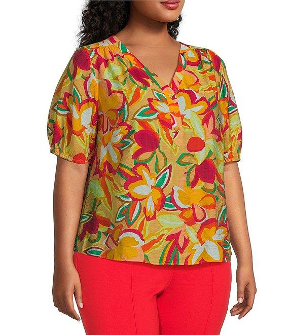 Slim Factor By Investments Plus Size Julia Gold Fusion Multi Paradise Floral Print V-Neck Short Sleeve Top Product Image