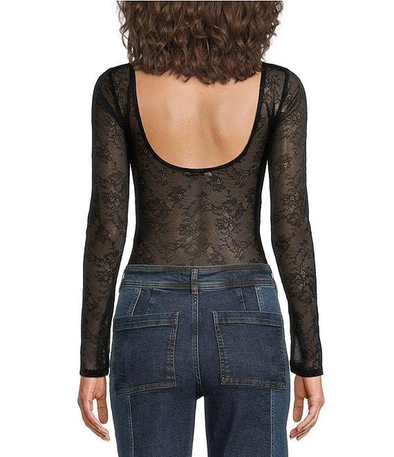 Chelsea & Violet Adams Knit Sheer Illusion Lace Boat Neck Long Sleeve Fitted Bodysuit Product Image