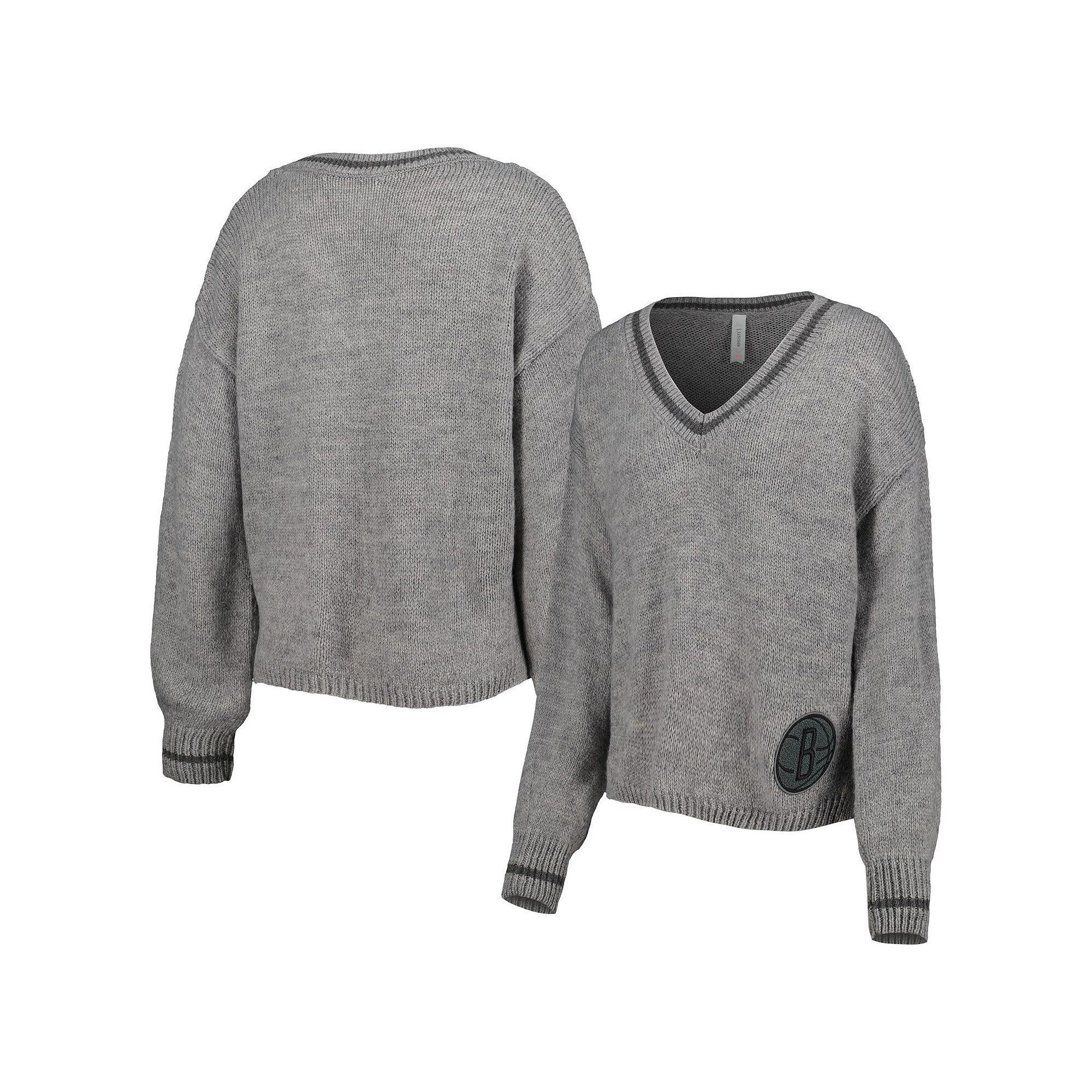 Women's Lusso Gray Brooklyn Nets Scarletts Lantern Sleeve Tri-Blend V-Neck Pullover Sweater, Size: Small, Grey Product Image